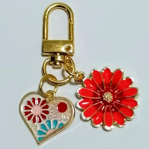 Accessories - Floral Keyring/Bag Charm - Reddish Pink w/Teal